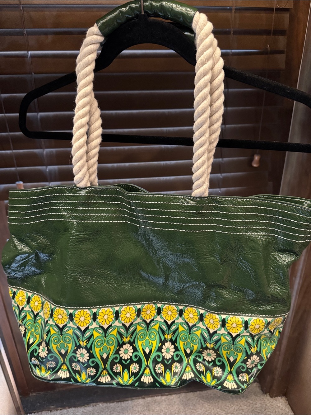 Plenty by Tracy Reese Green Tote with Yellow Floral Trim and Cream Rope Handles
